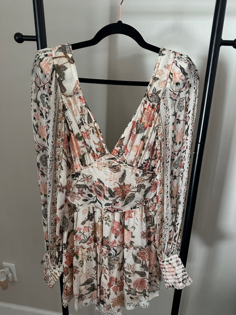 HEMANT & NANDITA Cream Floral Long-Sleeve Mini Dress